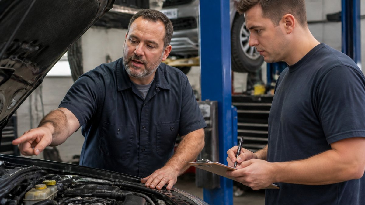 Mechanic explaining automotive alternatives and repairs to a customer in a shop