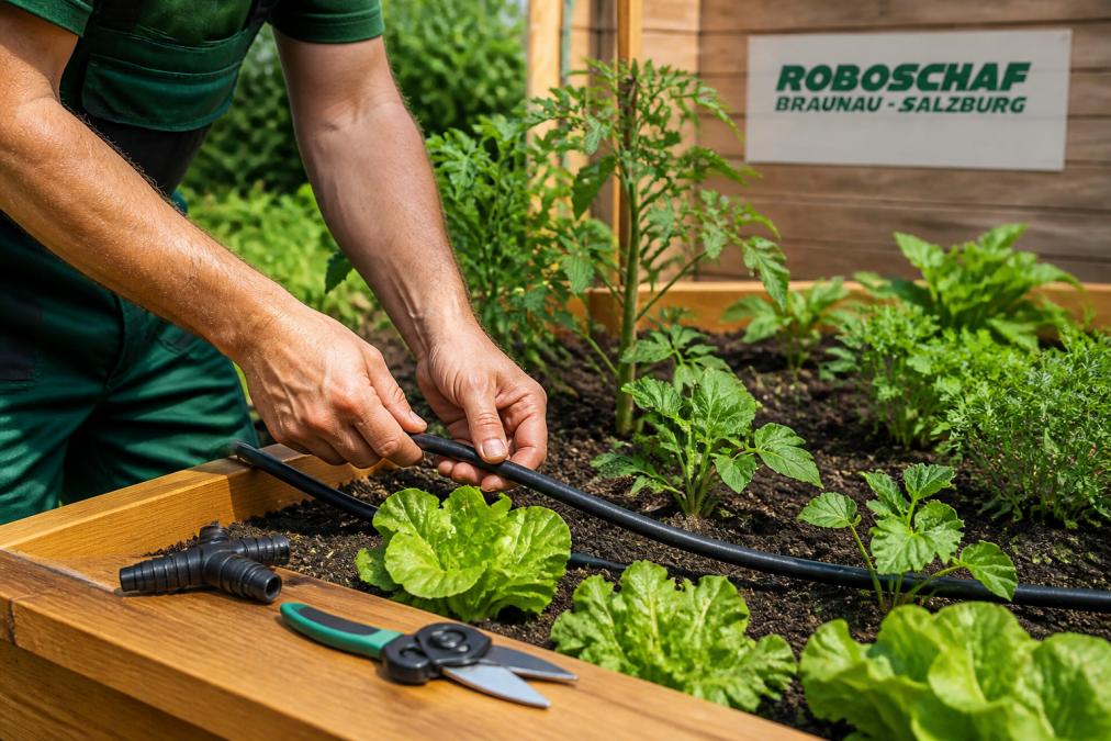 Gärtner verlegt einen schwarzen Tropfschlauch für die Tröpfchenbewässerung für Hochbeete selber bauen im Holzbeet.