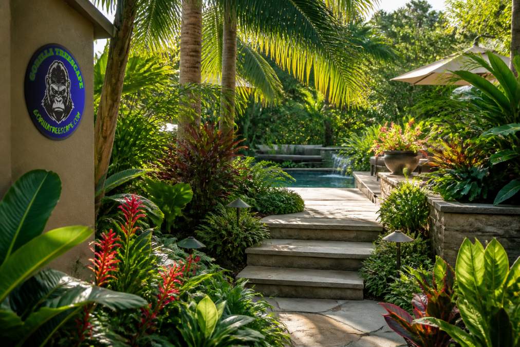 Lush backyard with layered tropical foliage, towering palms, vibrant flowering plants, and stone pathways creating a private outdoor retreat surrounded by dense green canopy