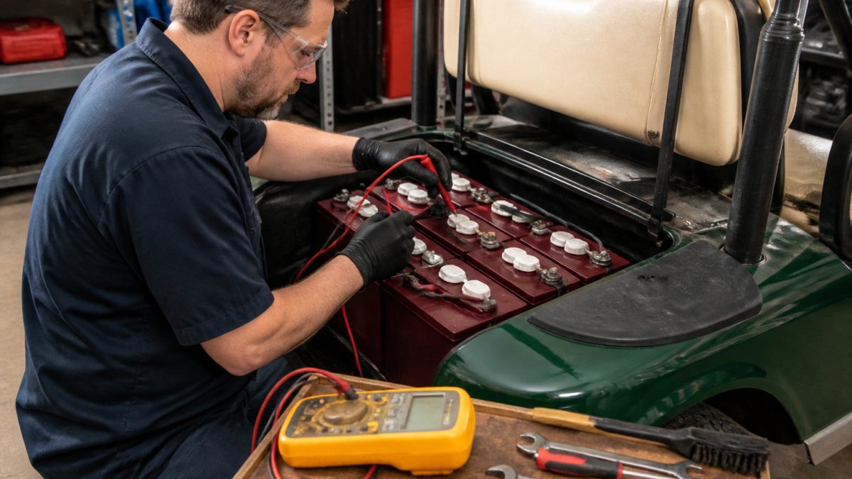 Mechanic wearing safety glasses testing a golf cart battery bank with a multimeter to troubleshoot hesitation.