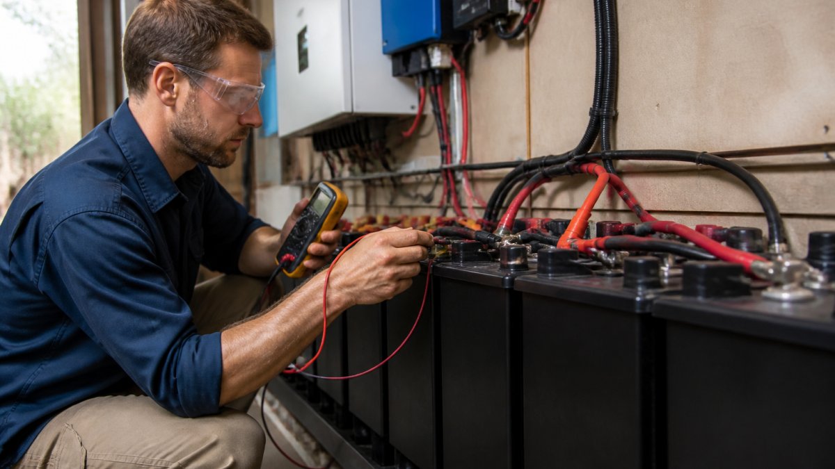 Technician in safety glasses checking battery terminal connections with a multimeter on an off-grid solar battery bank mounted on a wall