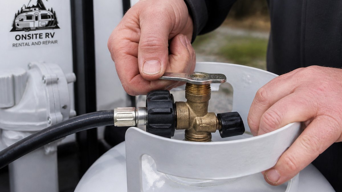 Close-up of an RV propane tank valve with hands demonstrating the proper open position, showing the handle parallel to the tank opening in natural daylight