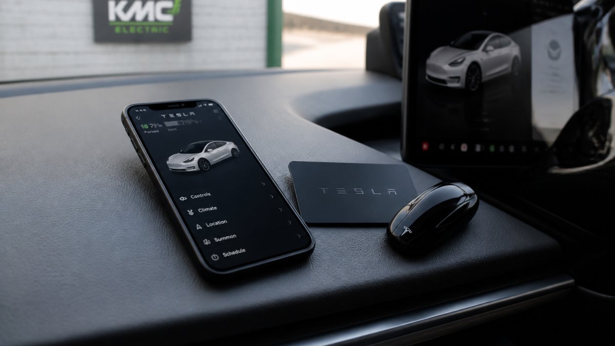 Smartphone showing a mobile application on a vehicle dashboard next to a key card and a remote entry fob