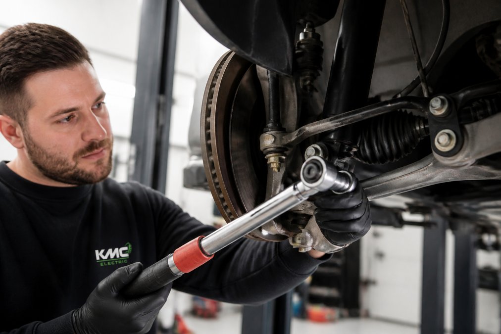 Technician using a torque wrench on a Tesla Model 3 suspension component in a professional workshop