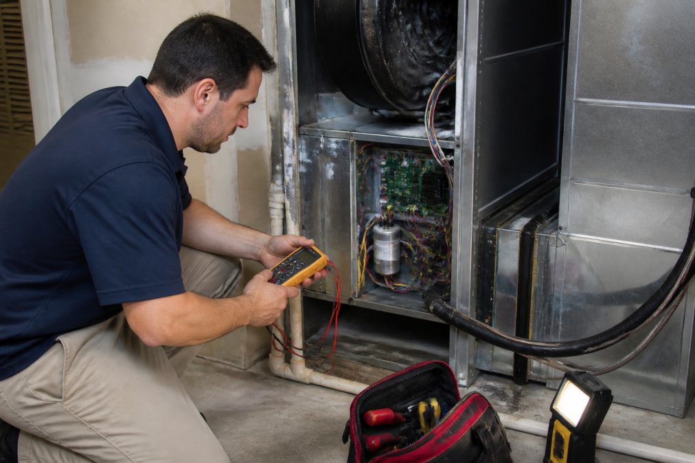 A homeowner kneeling beside an open HVAC air handler cabinet, holding a digital multimeter with test leads connected to a capacitor, workshop light illuminating the wiring