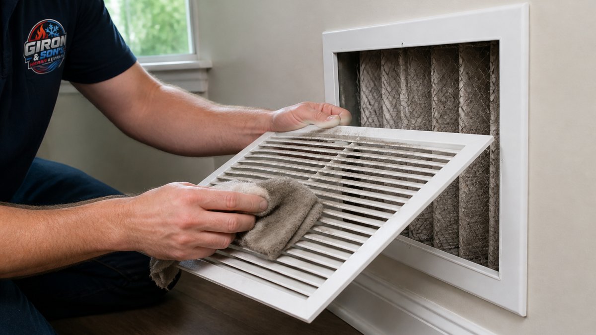 Hand removing dust from a return vent while troubleshooting AC unit blowing warm air into the home.