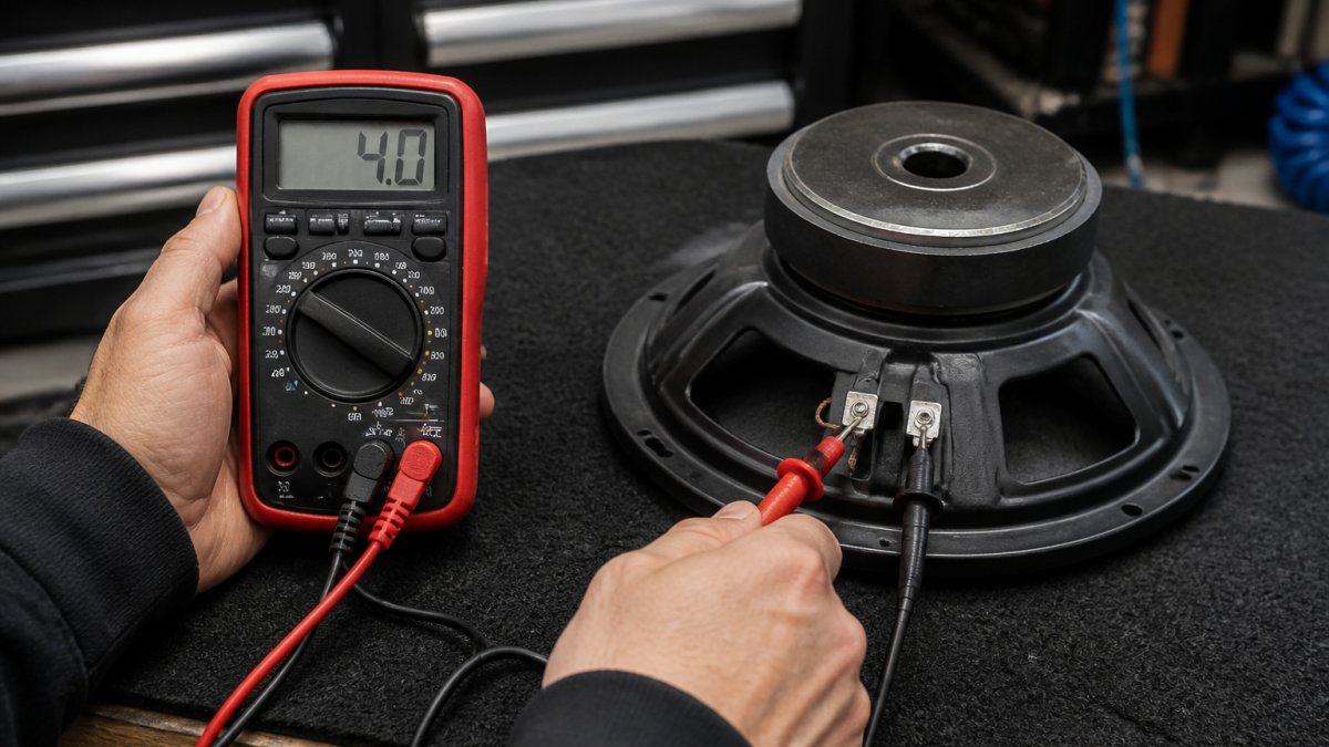 Professional technician holding a digital multimeter with red and black probes touching a car speaker terminal, multimeter display showing ohms reading, close-up of hands and equipment in well-lit workspace