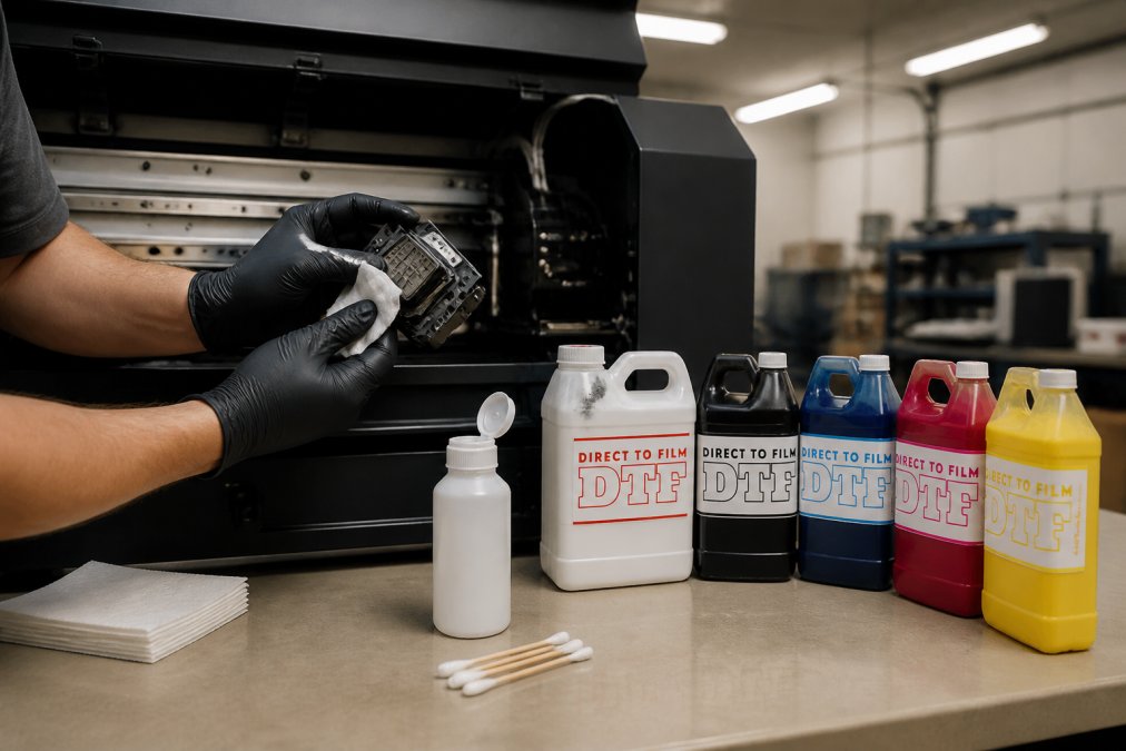 Close-up of a technician's gloved hands cleaning a DTF printer printhead with a lint-free cloth and cleaning solution, printer open on a workshop bench under bright overhead fluorescent lighting