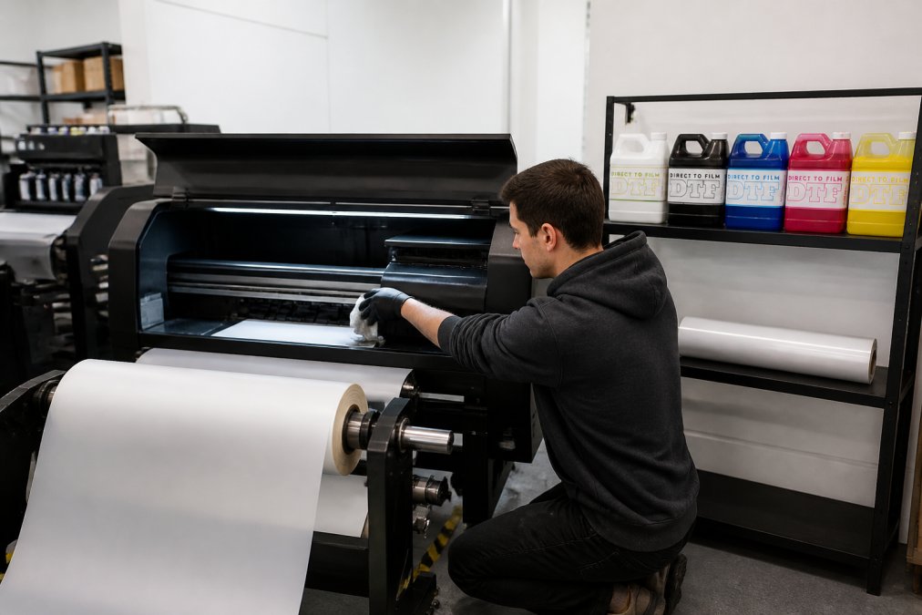 Wide shot of a professional print shop operator in a clean, well-lit workspace inspecting a direct to film printer, checking ink levels with 1000ml ink bottles visible on a shelf behind the printer, organized workbench with transfer film roll loaded