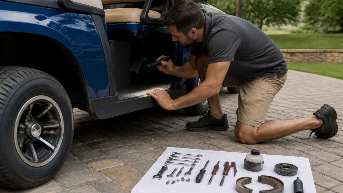 A person in casual clothes kneeling beside a golf cart on a paved driveway, inspecting the brake pedal area with a flashlight, tools laid out on a towel nearby
