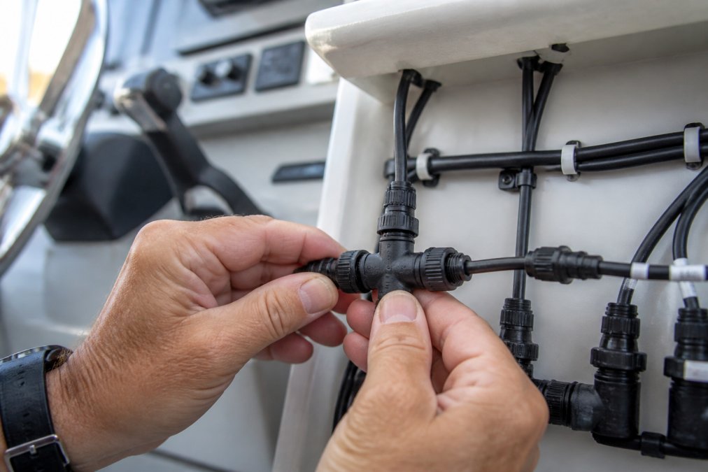 Close-up of a boat owner's hands inspecting a NMEA 2000 backbone cable and T-connector on a marine electronics panel, with a chartplotter visible in the background