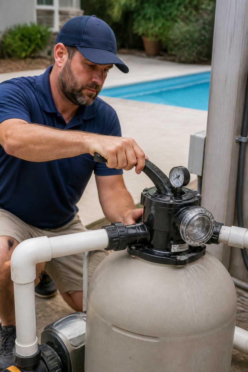 Technician adjusting a pool filter valve to resolve common pool filter issues during a backwash cycle
