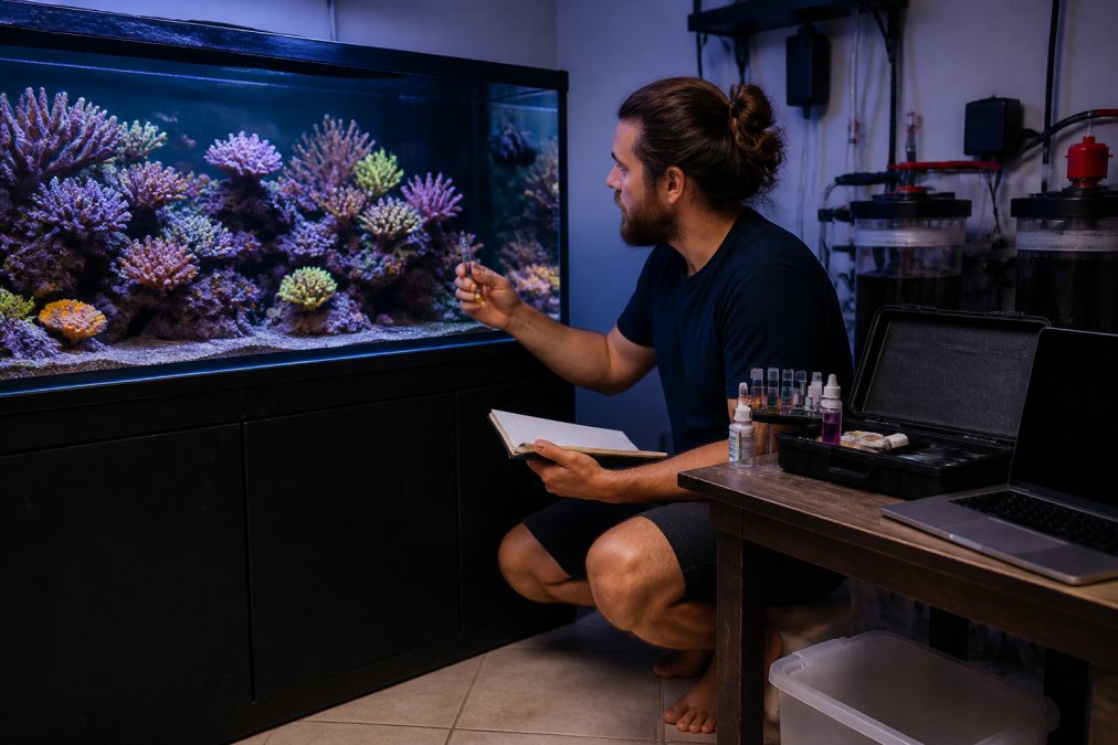 A reef keeper kneeling beside a large saltwater aquarium, holding a water testing kit and a notepad, with a laptop open on a nearby table showing a simple diagnostic checklist. The tank is brightly lit with live corals and small fish visible through the glass
