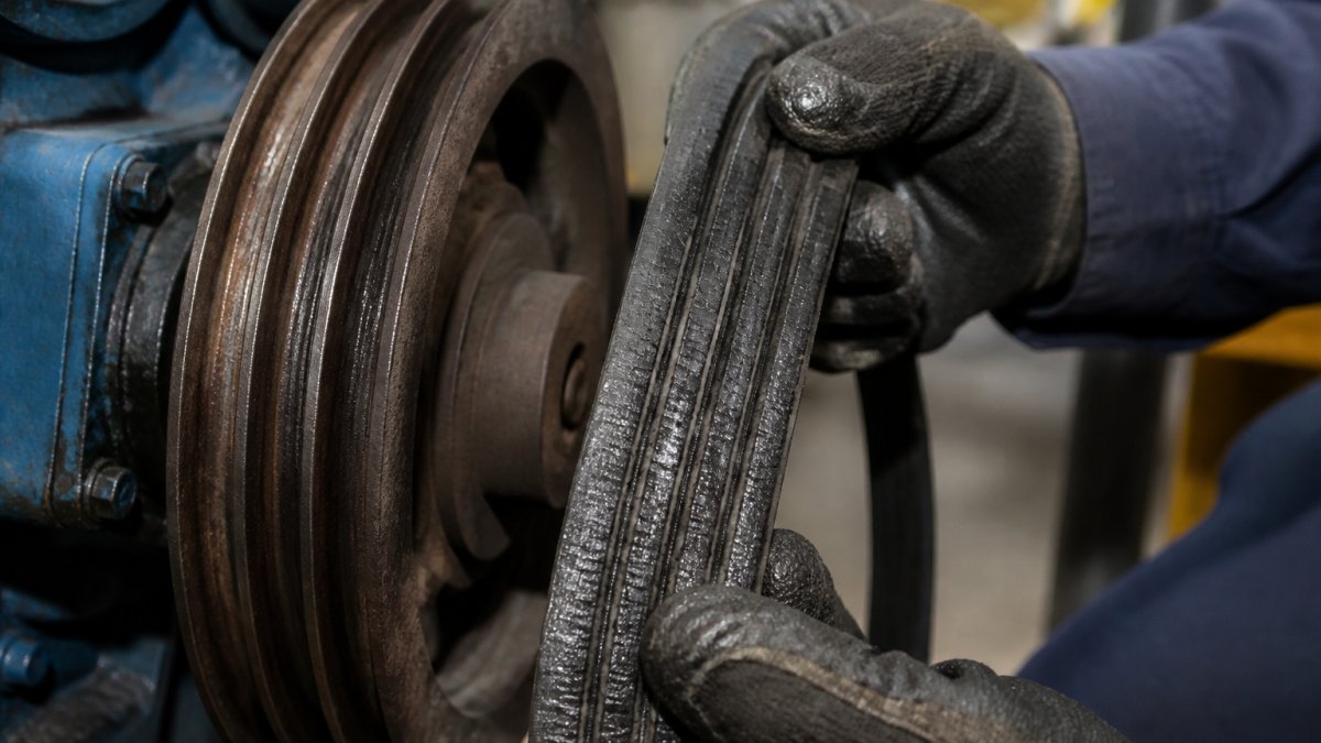 Technician inspecting a worn belt with cracks and glazing causing v-belt slippage on a pulley system.
