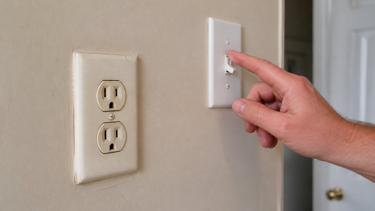 Close-up of an older residential wall outlet showing slight discoloration and wear marks around the outlet face, with a hand near a nearby light switch