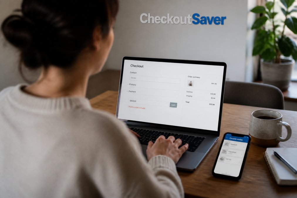 Step-by-step process for entering discount codes into a checkout screen on a laptop while using a coupon app.