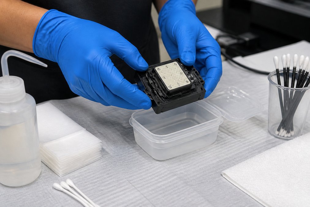 Technician's hands carefully holding a DTF printhead over a small container of cleaning solution, demonstrating proper soaking technique with protective gloves and organised tools on work surface
