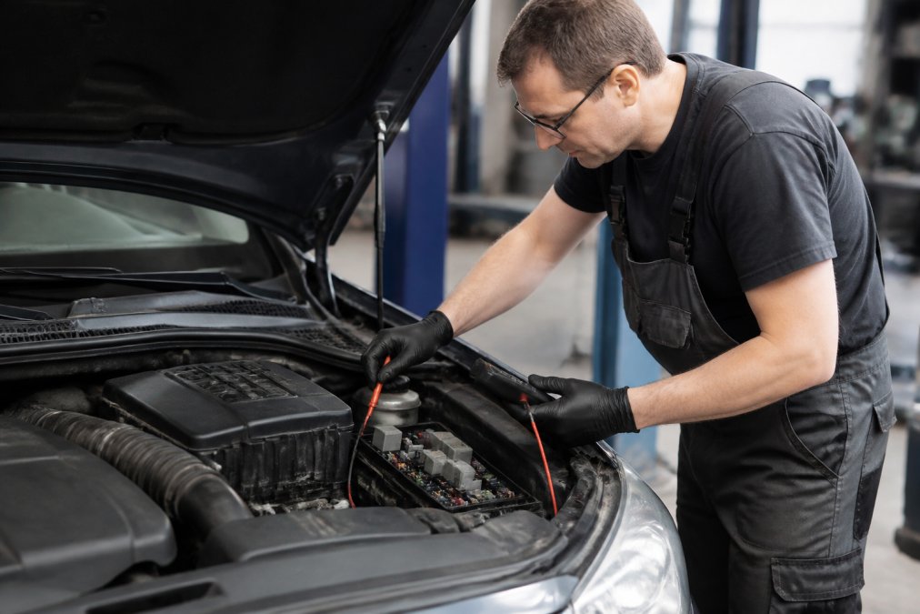 Technician using a multimeter to test for parasitic battery drain at a European sedan fuse box