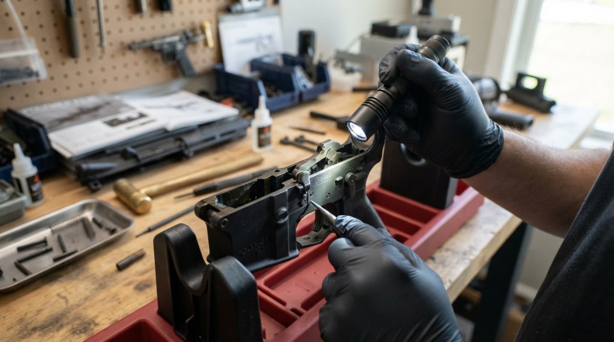 Close-up of hands using a flashlight to inspect internal trigger assembly components including sear engagement surface and hammer notch on a disassembled firearm receiver