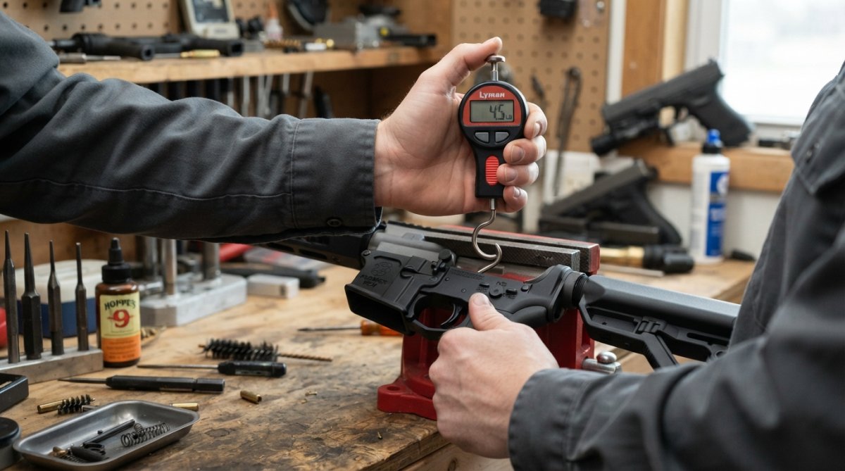 Hands holding a trigger pull weight gauge positioned vertically on a firearm trigger with proper alignment and measurement technique being demonstrated