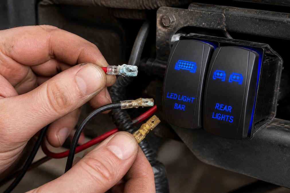 Hands inspecting corroded terminal connections and loose wiring on a vehicle's LED light bar mount, showing white corrosion buildup and oxidation on brass connectors