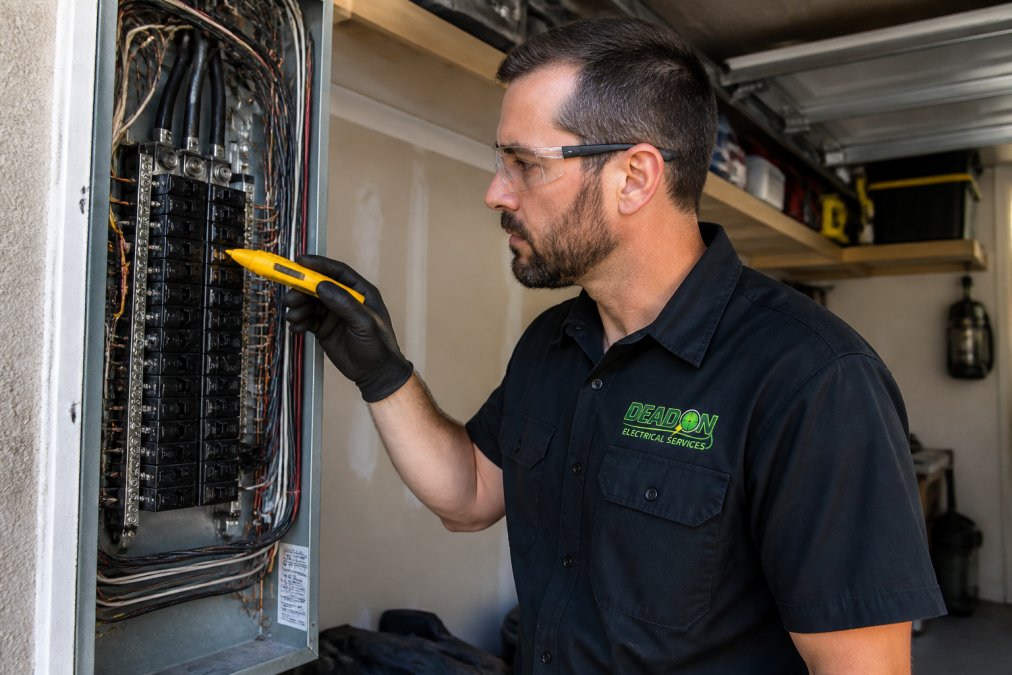 Electrician using a voltage tester on a residential electrical panel to diagnose flickering lights