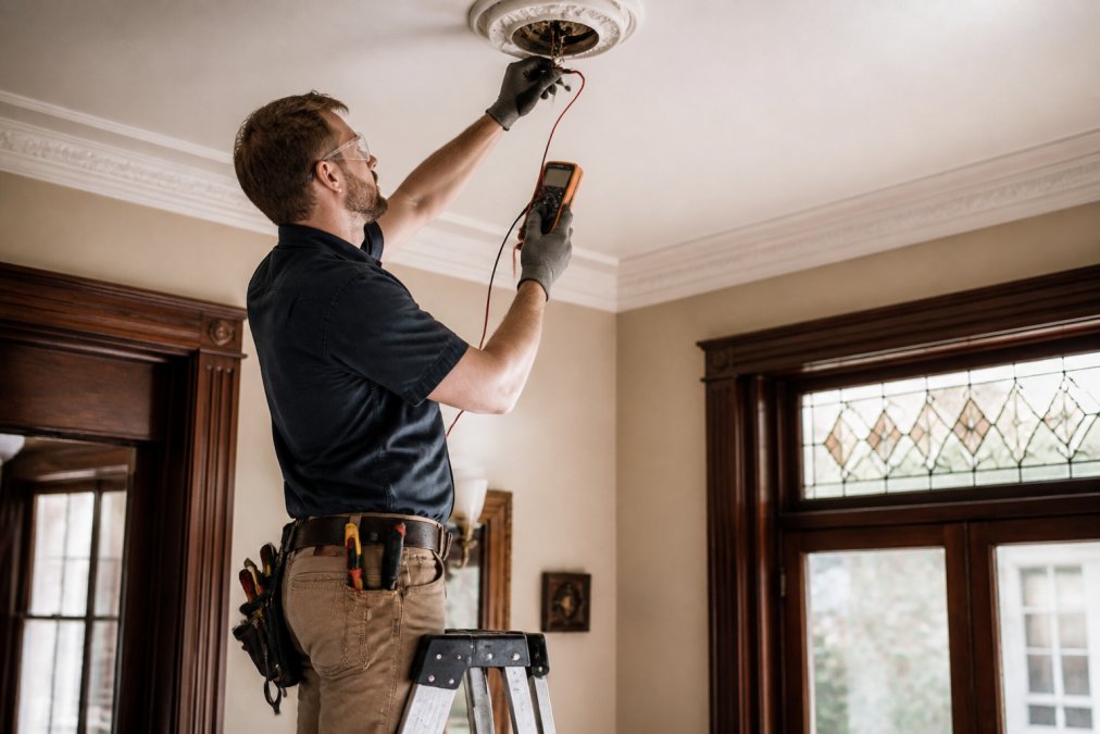 A homeowner in work clothes standing on a step stool, using a multimeter to test a ceiling light fixture in a room with vintage architectural details