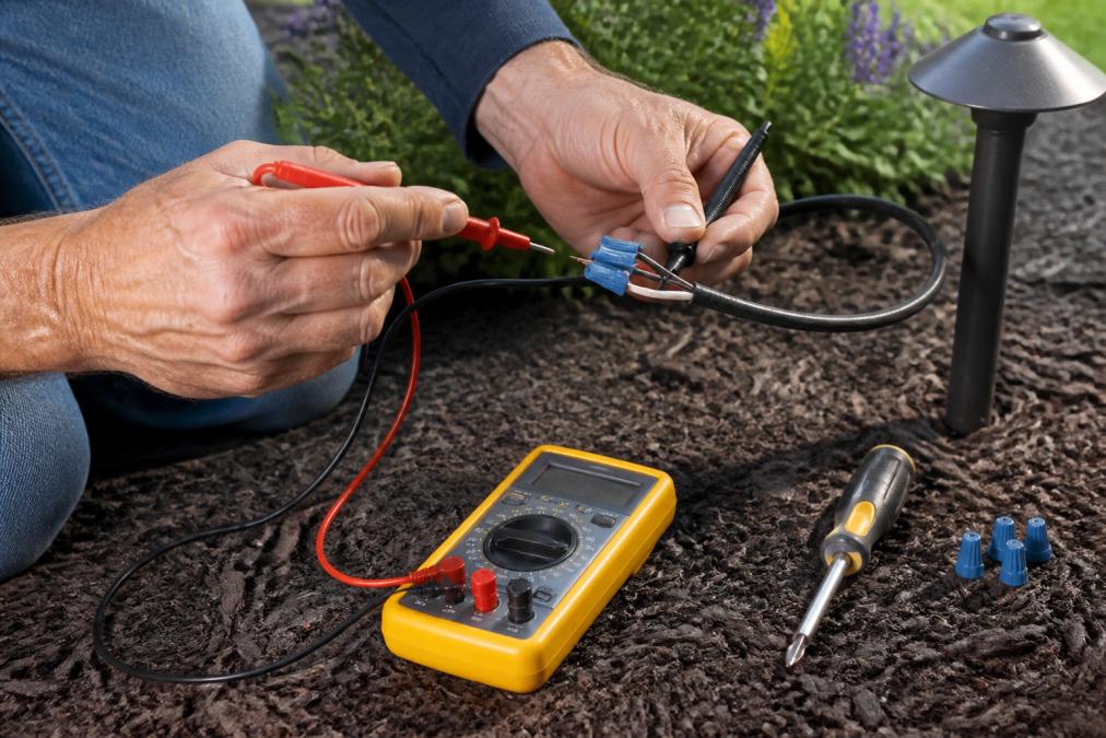 Close-up of a homeowner's hands using a multimeter to test a wire connector on a low-voltage landscape lighting cable, with a screwdriver and wire nuts nearby on the ground