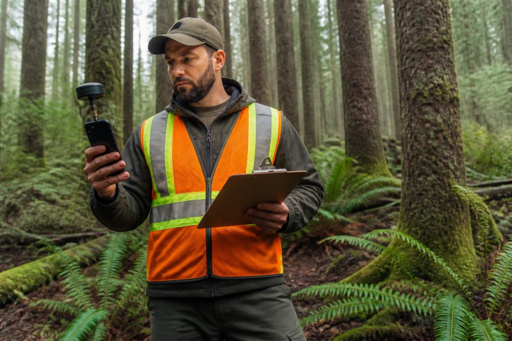 Field inspector using an external antenna to prevent gps signal loss while working in a dense forest.