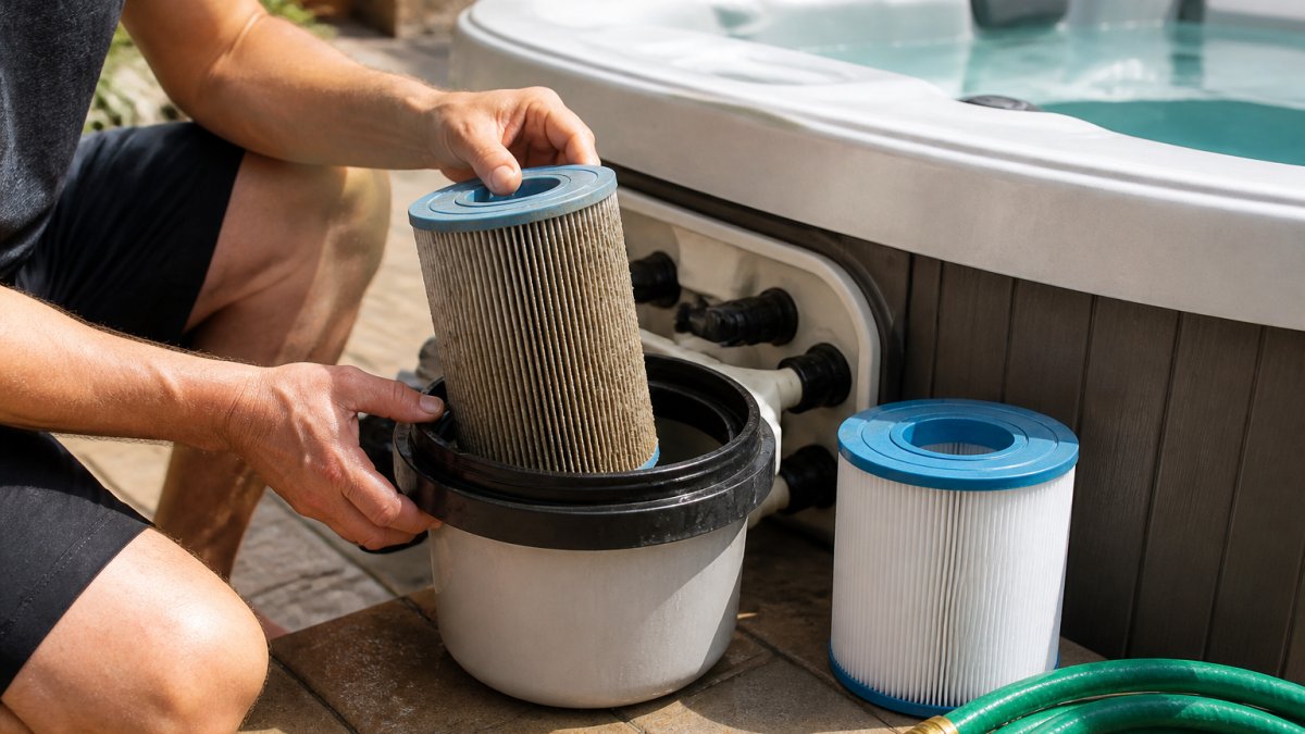 Hands removing a dirty filter while troubleshooting hot tub water flow issues with a clean replacement nearby