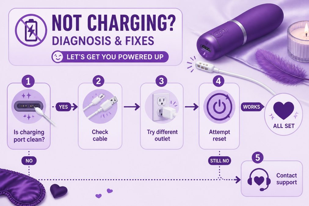Flowchart for charging troubleshooting: Start with 'Is charging port clean?' → Yes/No branches leading to 'Check cable condition', 'Try different power outlet', 'Attempt battery reset', 'Contact support'