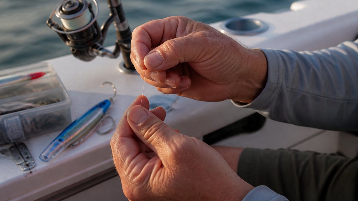 Angler checking a monofilament leader for nicks between fingers on a boat deck