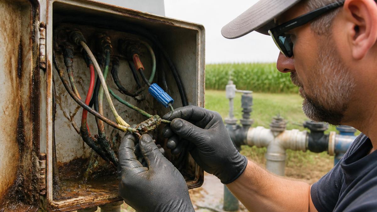 Professional inspecting corroded wire splice and water-damaged connections in an outdoor irrigation junction box, showing rust and mineral deposits on copper terminals under natural field lighting