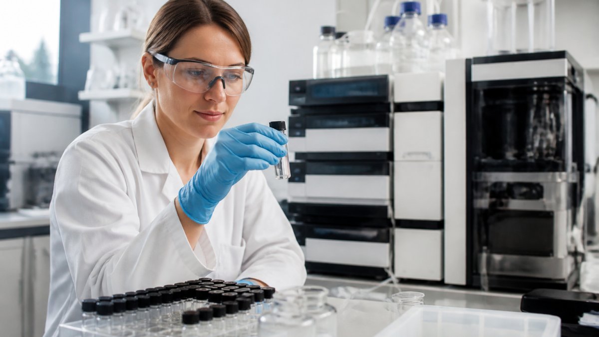 Laboratory technician examining peptide samples in clear vials under controlled lighting, with HPLC instrument and analytical equipment visible in the background of a modern research facility
