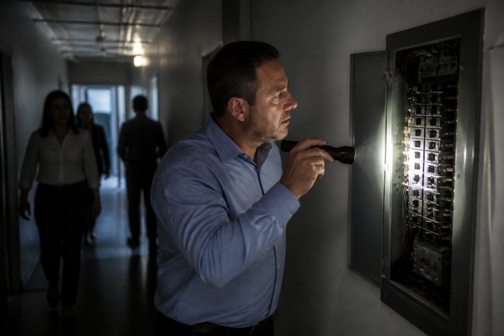 A commercial building manager in a dimly lit office holding a flashlight, pointing it at an electrical panel while checking for signs of damage or smoke, with employees evacuating calmly in the background