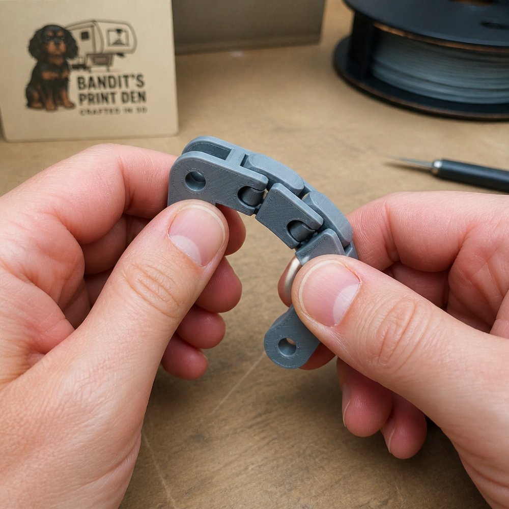 Close-up of hands gently flexing and working an articulated 3D-printed fidget toy, showing the mechanical joint in motion with clear detail of the print layers and hinge structure