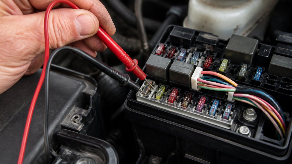 Diagram showing how to use a multimeter to test a radio cable connection at the vehicle fuse box.