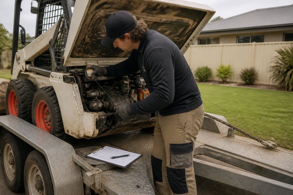 A person in work clothes and gloves checking the engine oil and fuel levels on a compact mini loader parked on a trailer in a residential yard, with a clipboard and checklist resting on the trailer beside them