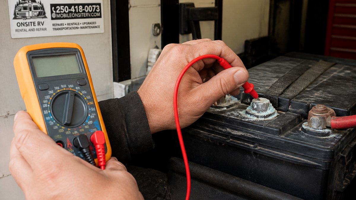 Close-up of a digital multimeter being used to test an RV battery terminal, showing the red probe touching the positive terminal with visible corrosion on the battery post, natural workshop lighting