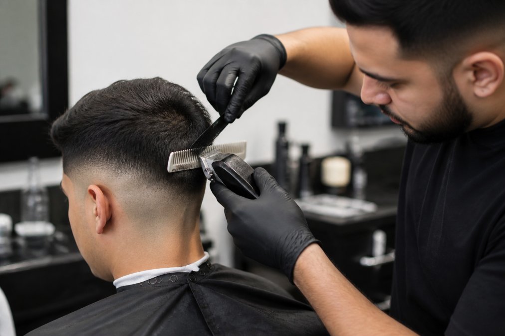 Professional barber demonstrating the flicking motion and clipper-over-comb technique on a client's head, showing proper hand positioning, blade angle, and the upward motion for creating a smooth fade