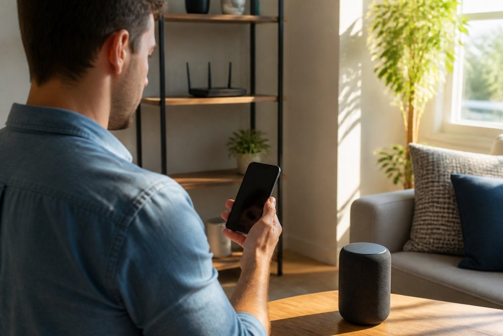 A person holding a smartphone displaying a Wi-Fi analyzer app standing near a smart speaker in a living room, router visible on a shelf in the background, warm afternoon light through windows