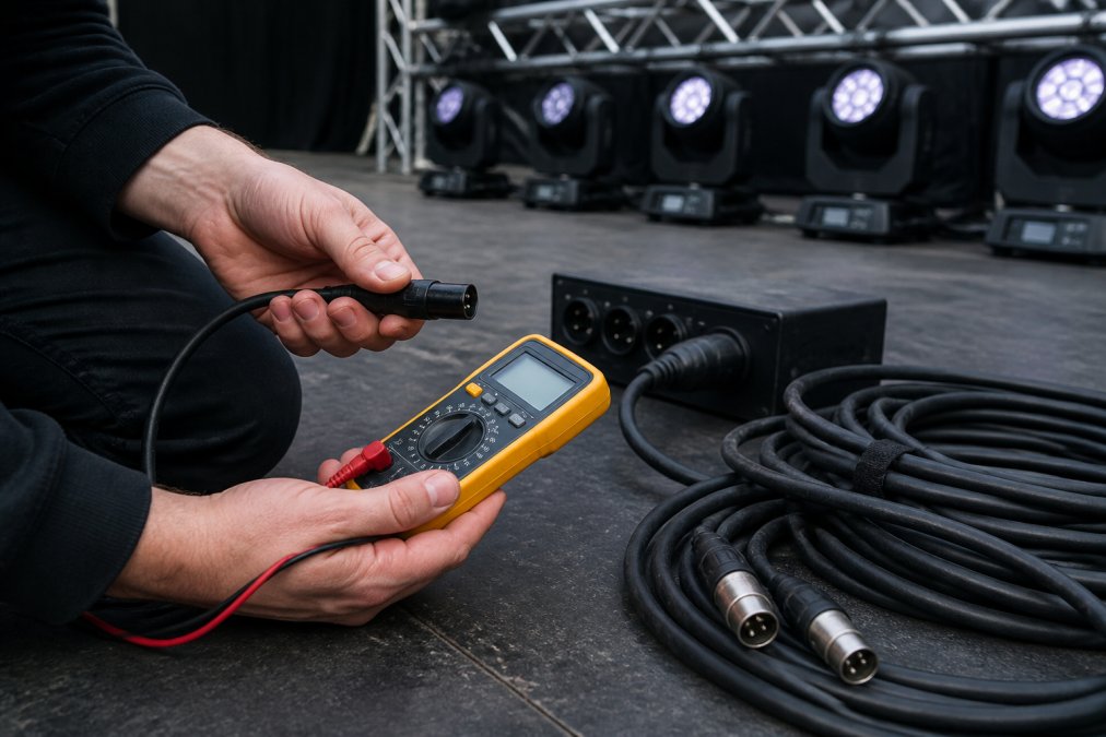 A technician's hands holding a DMX cable and a multimeter while testing continuity on a stage floor, with a lighting rig visible in the background