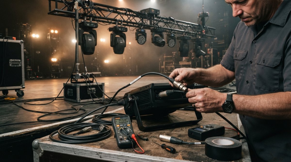 Professional technician's hands checking DMX cable connections and termination resistor on stage lighting equipment, with multiple fixtures visible in the background under stage lighting