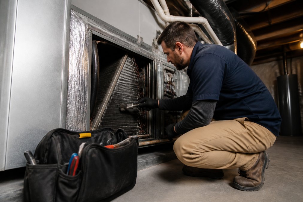 HVAC technician performing preventative maintenance on an air handler unit indoors, carefully cleaning evaporator coils and checking ductwork connections with professional tools in a residential basement