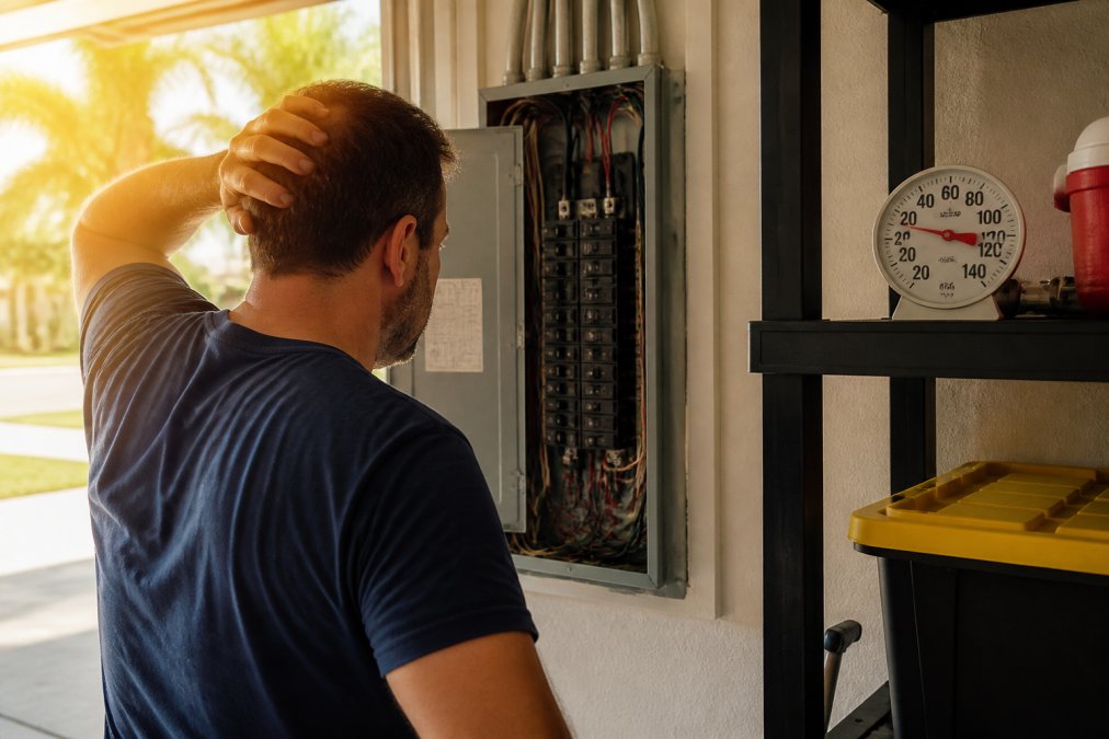 Homeowner in a garage inspecting an open electrical panel in summer heat, thermometer on a nearby shelf reading over 100 degrees, warm afternoon light through the garage door