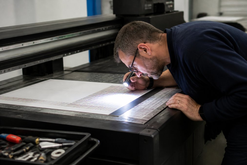 A print engineer in a workshop inspecting a freshly printed nozzle check test pattern on a UV flatbed printer, holding a small torch to examine the ink lines closely