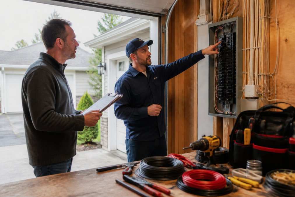 Homeowner checking a list with an electrician comparing Trout Electric vs Volta Electric services at a wall panel