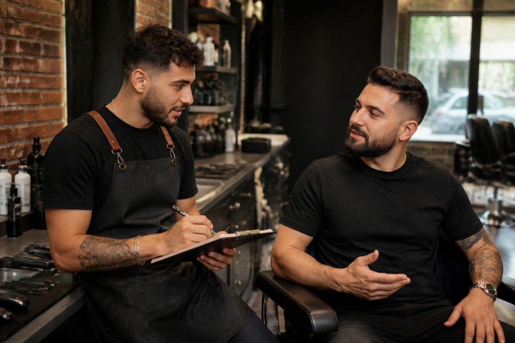 Un barbier bilingue discute des préférences de coupe avec un client dans un salon de coiffure moderne à Montréal.