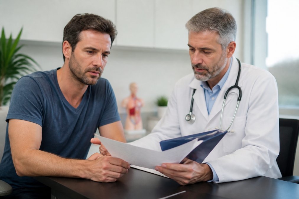 Male patient reviewing lab results and medical documents with a healthcare provider in a clinical consultation setting, natural office lighting