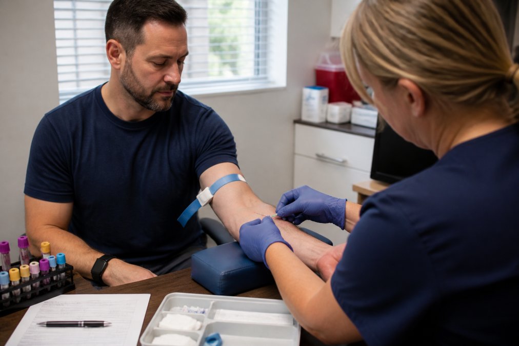 Healthcare professional drawing blood from patient's arm in clinical setting, with lab requisition forms and equipment visible on nearby table, professional lighting